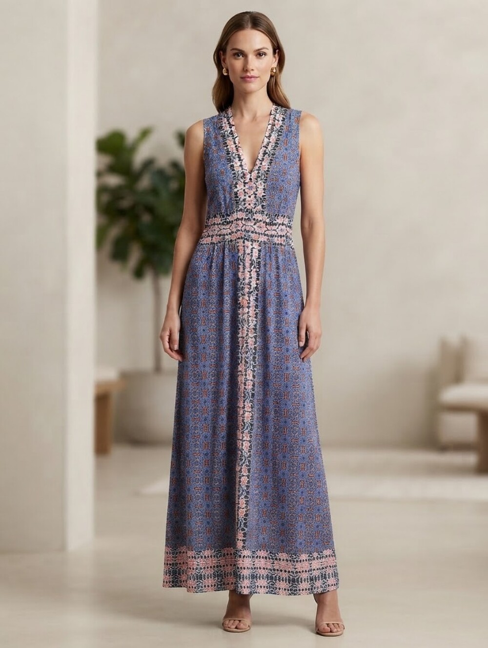 ​Wisp Blue Printed Sleeveless V-Neck Maxi Dress Size US 4
